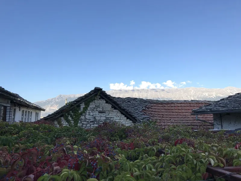 Slate roofs and the mountains seen from the hostel